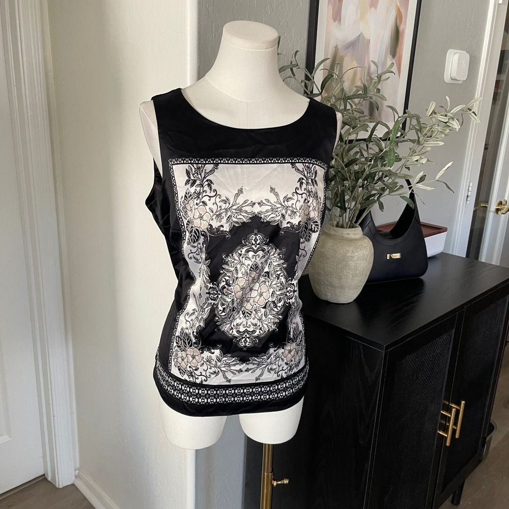 212 Collection Scarf Print Tank Top Women Medium Black White Satin Floral Blouse
